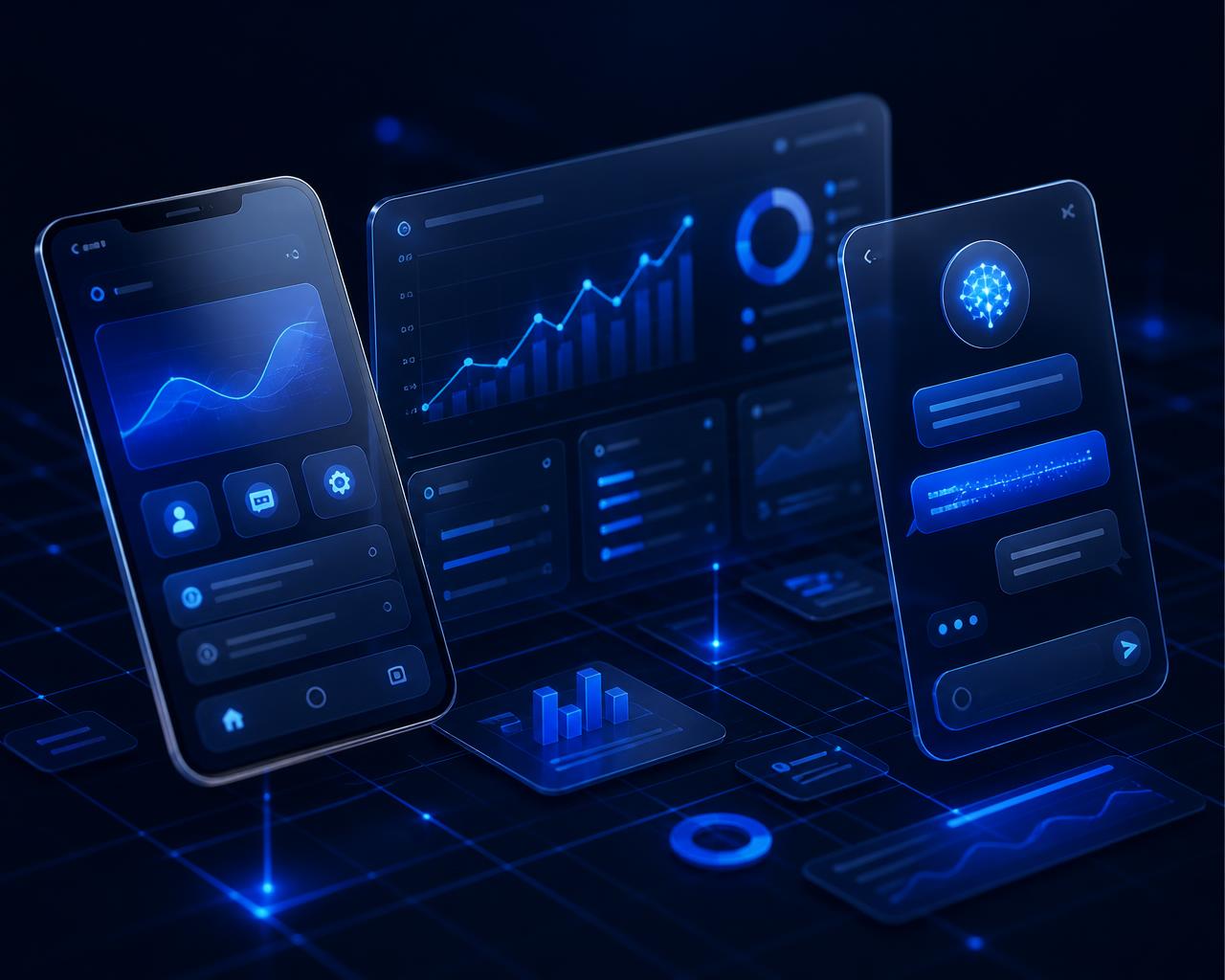 Mobile app, analytics dashboard and AI assistant interfaces built by Rossco Apps